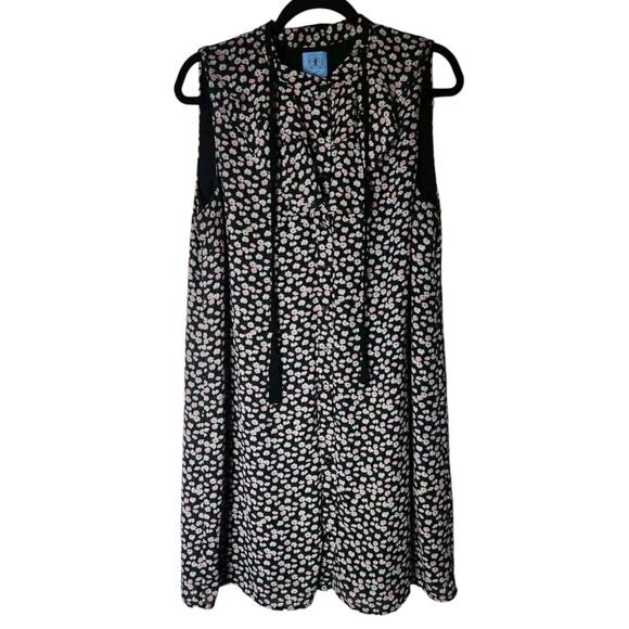 CeCe Womens Black Floral Shift Full Button Summer Midi Dress Size Large Ruffles - Picture 1 of 9